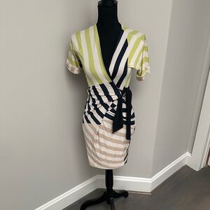 Striped DVF Wrap Dress in Green, Navy, and